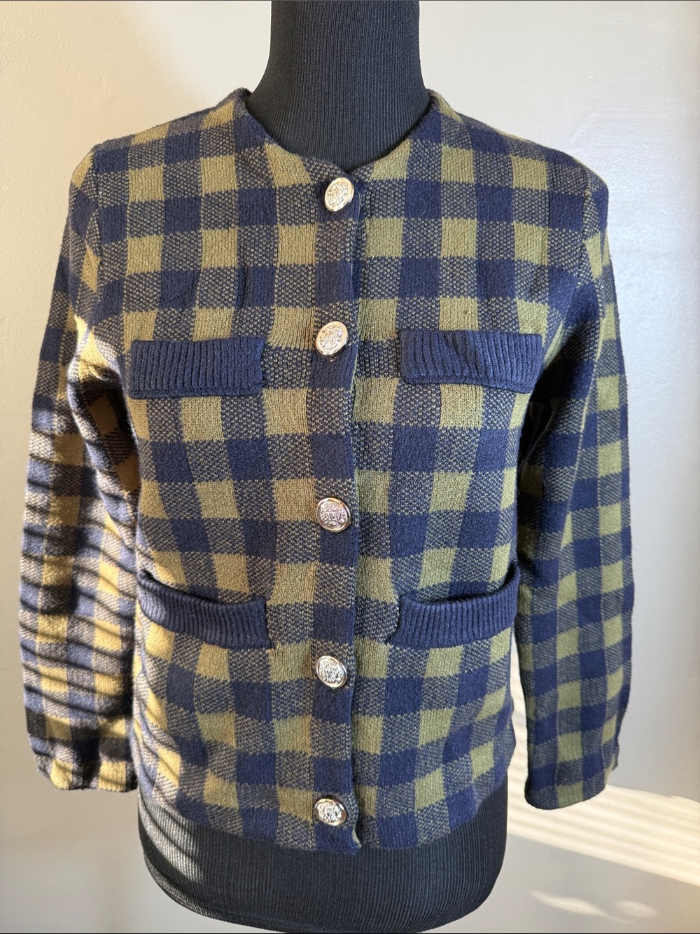 Free Assembly Navy Blue & Olive Green Gingham Cardigan Sweater NWT